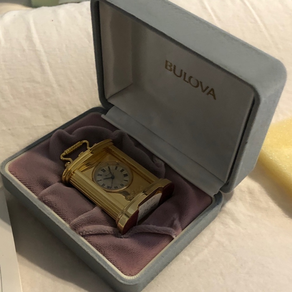 Bulova Gold and Burgundy Travel Mantel Clock in Presentation Box